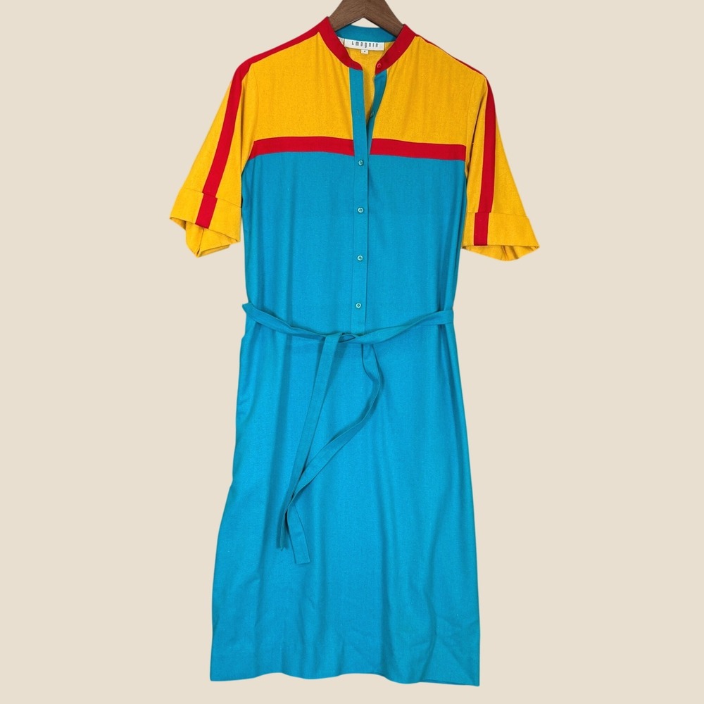 Vintage I Magnin Shirt Dress Women 8 Blue Mod 60s Silk Colorblock Belted Midi